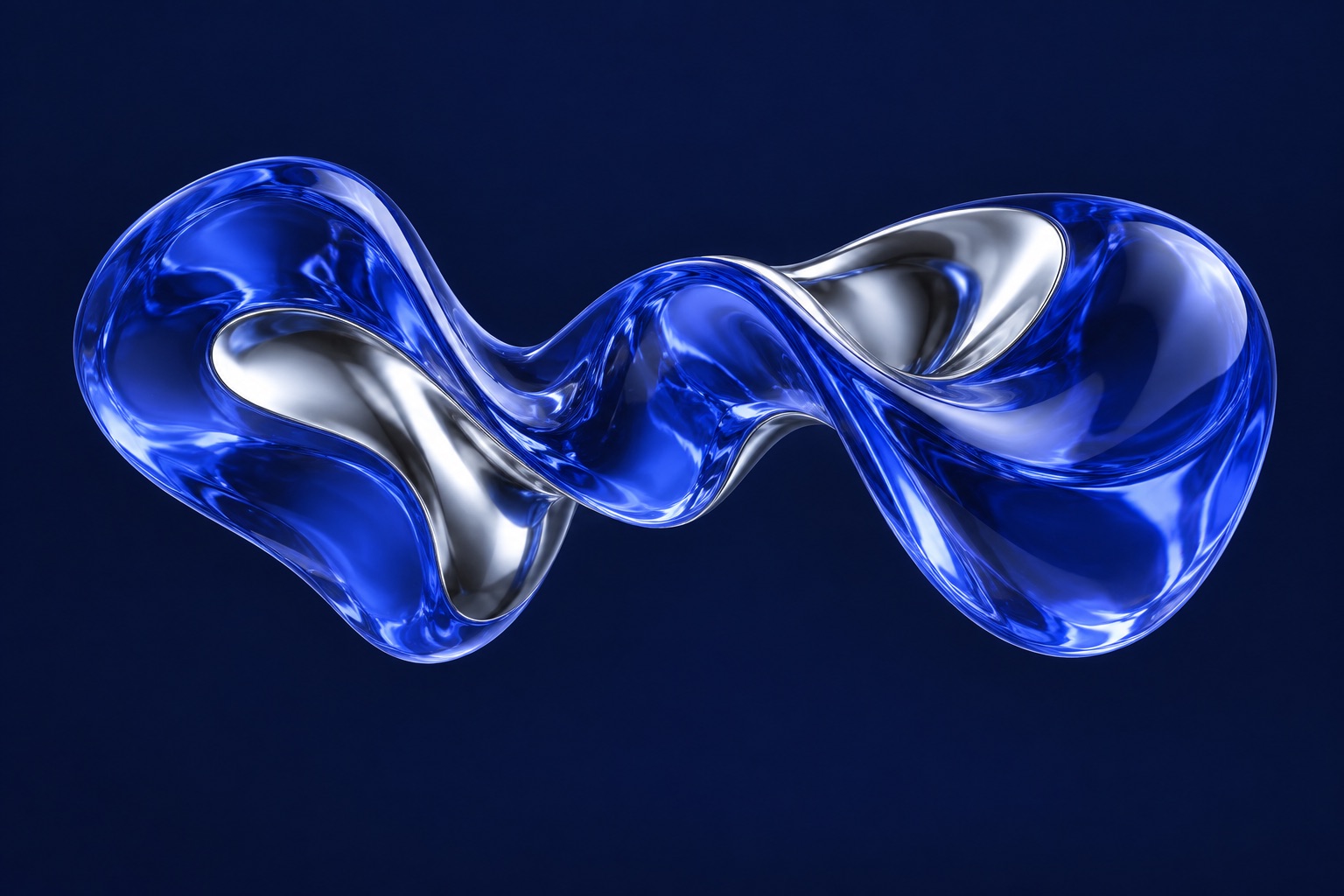 An abstract sculpture of flowing cobalt-blue glass and polished silver folds.